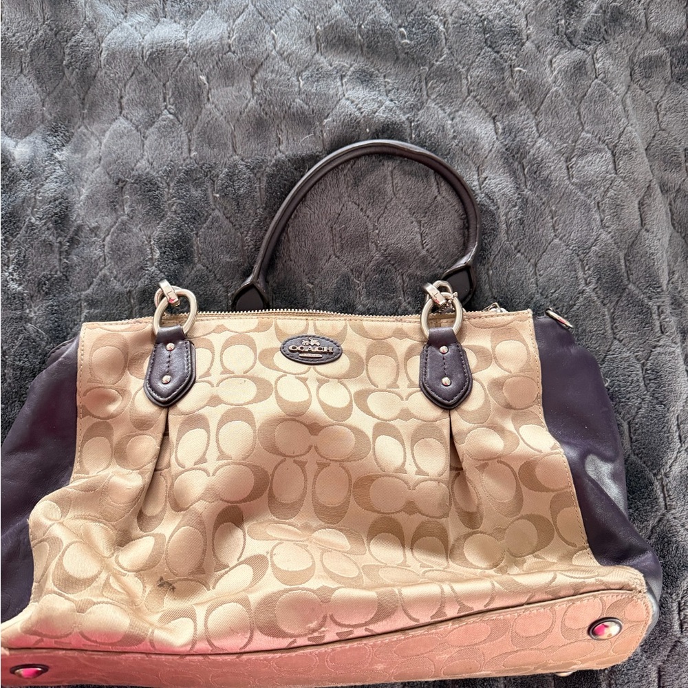 Coach Beige Signature Canvas Tote with Dark Brown Trim